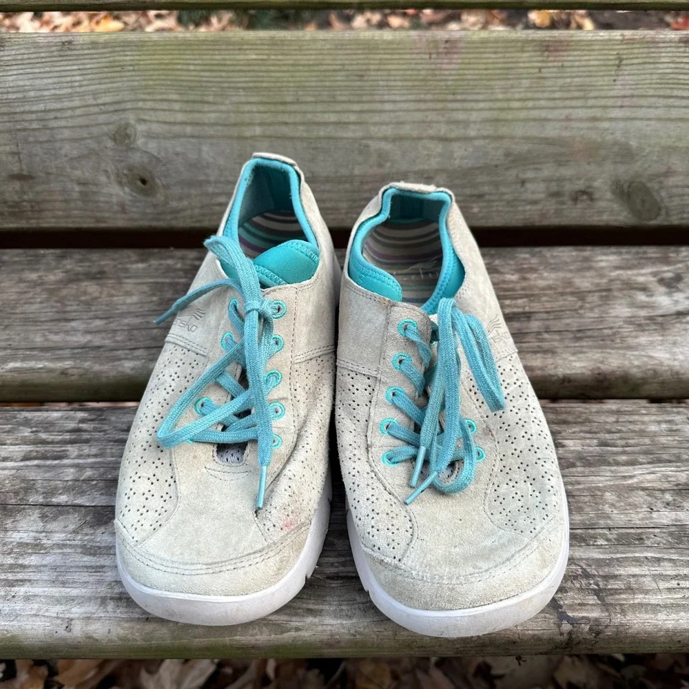 Dansko‎ Elise Perforated Suede Lace Up Comfort Sneakers Tan Teal Blue Sz 39 US 9